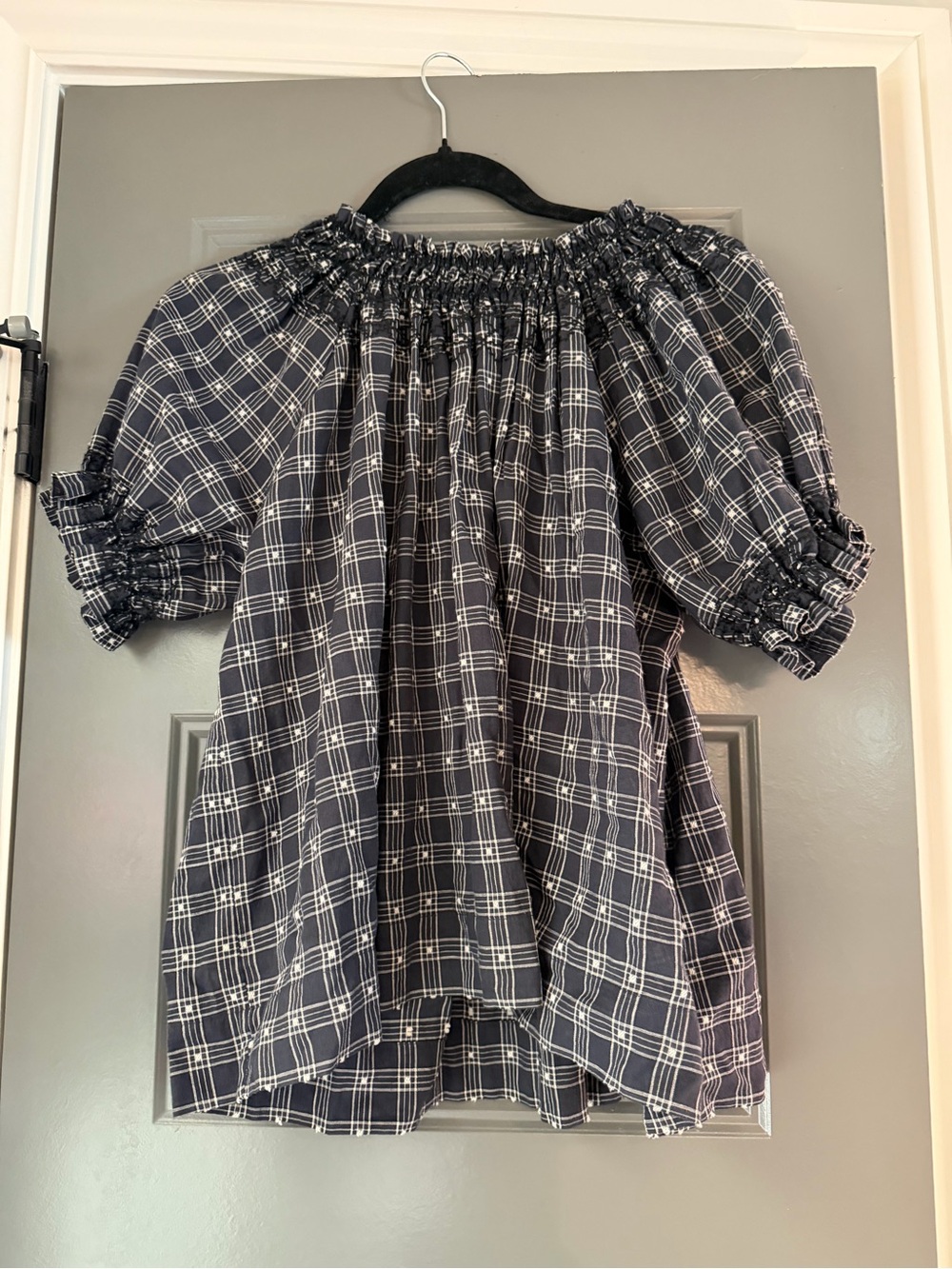 THE GREAT. Navy and White Plaid Off-Shoulder Puff Sleeve Top
